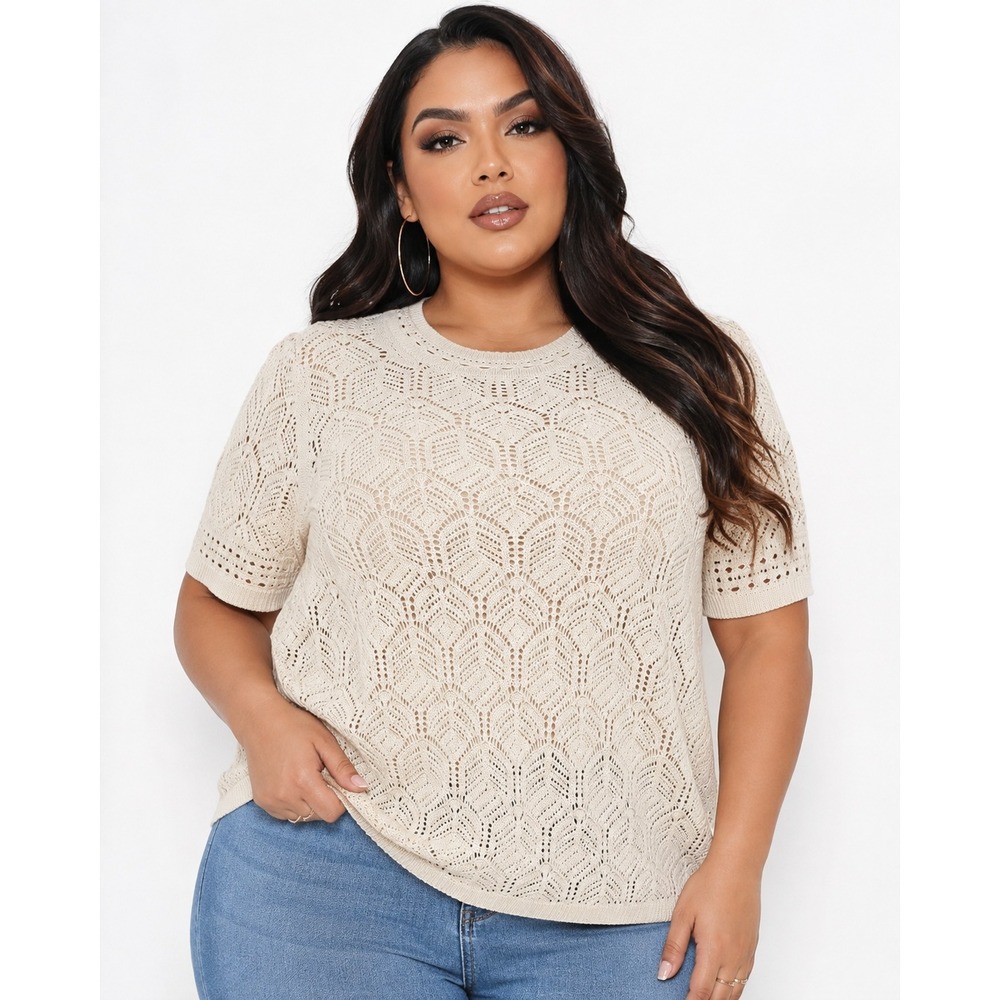 Design History Harper Crochet Short Sleeve Sweater White 2X Mercerized NWT